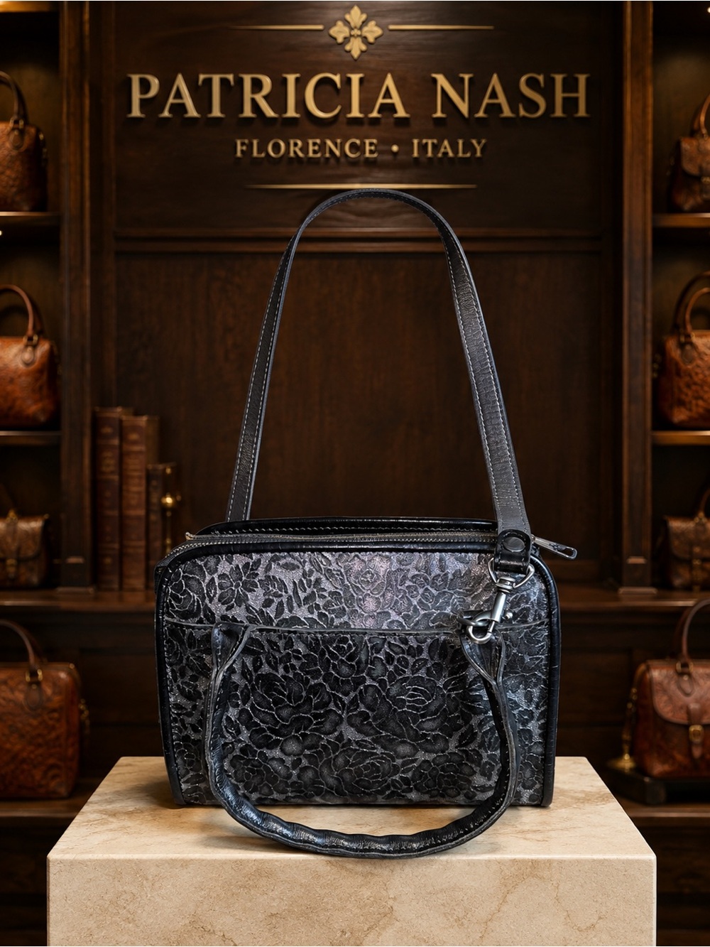 Patricia Nash Black Floral-Embossed Leather Shoulder Bag with Dual Straps